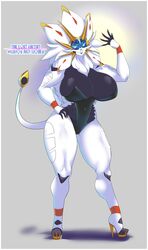  absurd_res anthro big_breasts border breasts clothed clothing english_text female footwear generation_7_pokemon grey_background hi_res high_heeled_feet high_heels huge_breasts legendary_pokemon muscular_legs nintendo pokemon pokemon_(species) simple_background solgaleo solo text thick_thighs white_border zacianswords 