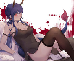  alternate_costume arknights bad_id bad_pixiv_id black_dress black_thighhighs blue_hair breasts ch&#039;en_(arknights) cleavage closed_mouth collarbone covered_navel dragon_horns dragon_tail dress expressionless female gloves highres horns long_hair looking_at_viewer lying medium_breasts narakuuu on_back pelvic_curtain photoshop_(medium) pillow red_eyes simple_background sleeveless sleeveless_dress solo spaghetti_strap strap_slip tail thighhighs thighs twintails white_background white_gloves 