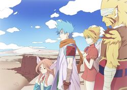  animal_ears blonde_hair breath_of_fire breath_of_fire_iii closed_mouth cloud dress glasses highres jewelry long_hair momo_(breath_of_fire) multiple_boys multiple_girls nina_(breath_of_fire_iii) nori_(norimakigumo) orange_hair rabbit_ears rei_(breath_of_fire) robe ryuu_(breath_of_fire_iii) short_hair white_wings wings 