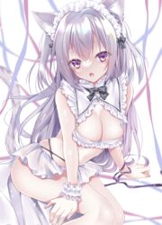  :o animal_ear_fluff animal_ears black_bow bow breasts cat_ears cat_girl cat_tail cleavage comiket_102 commentary_request feet_out_of_frame female grey_hair hair_between_eyes himemiya_niina long_hair looking_at_viewer maid_headdress medium_breasts oerba_yun_fang open_mouth original purple_eyes solo tail two_side_up very_long_hair white_background wrist_cuffs 