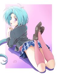  ass blue_hair blush breasts female full_body haou_taikei_ryuu_knight highres long_hair looking_at_viewer nori_(norimakigumo) open_mouth paffy_pafuricia panties purple_eyes skirt smile solo thighhighs underwear very_long_hair 