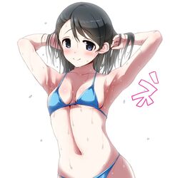  armpits bikini black_hair blue_bikini blue_eyes blush breasts closed_mouth commentary female hands_in_hair hirowa_nagi idolmaster idolmaster_cinderella_girls kurihara_nene long_hair looking_at_viewer medium_breasts micro_bikini navel simple_background smile solo sweat swept_bangs swimsuit upper_body wet white_background 