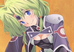  blue_eyes breasts circlet closed_mouth commentary_request dress female green_hair haou_taikei_ryuu_knight highres long_hair looking_at_viewer nori_(norimakigumo) paffy_pafuricia simple_background smile solo twintails 