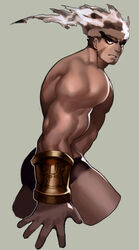  1boy absurdres bara bracer cropped_legs expressionless facial_hair fiery_hair from_side goatee headband highres huge_eyebrows loincloth looking_at_viewer male_focus muscular muscular_male mutton_chops nipples open_hand original parted_lips short_hair sideburns solo thick_eyebrows thick_thighs thighs topless_male ttn_(239_239) 