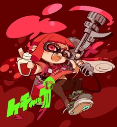  aerospray_(splatoon) bad_id bad_twitter_id blush_stickers domino_mask fangs female full_body inkling inkling_girl inkling_player_character leggings long_hair looking_at_viewer mask mota one_eye_closed open_mouth pointy_ears red_eyes red_hair smile solo splatoon_(series) super_soaker tentacle_hair 