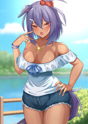  absurdres animal_ears bare_shoulders blue_ribbon blue_shirt blue_sky blurry blurry_background breasts cleavage cloud commentary_request cowboy_shot cutoffs day denim denim_shorts eve_on_k female hair_between_eyes hand_on_own_hip hand_up highres hishi_amazon_(umamusume) horse_ears horse_girl jewelry large_breasts looking_at_viewer necklace oerba_yun_fang off-shoulder_shirt off_shoulder open_mouth orange_eyes outdoors purple_hair ribbon shirt short_hair short_shorts short_sleeves shorts sky solo standing tail thighs umamusume 