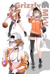  alternate_costume bag ball baseball_cap basketball basketball_(object) bikini bikini_top_only black_legwear black_shorts blush bottle breasts breath brown_hair character_name commentary_request commission dribbling_(basketball) female girls&#039;_frontline grizzly_mkv_(girls&#039;_frontline) hat highres holding holding_bottle jacket large_breasts multiple_views open_mouth pixiv_commission purple_eyes shoes short_sleeves shorts simple_background single_thighhigh sneakers steaming_body sweat sweatband swimsuit tarutaru_gungun thighhighs water_bottle white_background white_bikini 