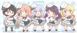  5girls :3 :o argyle_background asymmetrical_bangs asymmetrical_hair bang_dream! black_footwear black_gloves black_hair black_legwear black_ribbon blonde_hair blue_background blue_butterfly blue_eyes blue_skirt blush_stickers brown_eyes bug butterfly buttons chibi collared_dress commentary_request double-breasted dress full_body futaba_tsukushi gloves grey_hair group_name hair_between_eyes half_gloves hand_up hat highres hiromachi_nanami kirigaya_toko kurata_mashiro layered_skirt long_hair long_sleeves looking_at_viewer mini_hat mitarashi_neko morfonica multiple_girls neck_ribbon one_side_up orange_hair pantyhose parted_lips pink_eyes profile purple_hair ribbon see-through shadow short_hair short_sleeves side-by-side sidelocks skirt smile socks standing tilted_headwear triangle_mouth twintails twitter_username uniform white_legwear white_uniform yashio_rui 