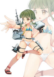  absurdres adapted_turret anti-aircraft_gun bikini bob_cut braid brown_eyes cannon clothes_writing commentary_request female flat_chest gatling_gun green_hair highres js_takanami_(kancolle) kantai_collection machinery mismatched_bikini short_hair short_hair_with_long_locks sidelocks simple_background solo standing standing_on_one_leg swimsuit takanami_(kancolle) turret white_background yashin_(yasinz) zoom_layer 