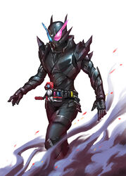  1boy armor black_armor blue_eyes build_driver compound_eyes driver_(kamen_rider) feet_out_of_frame hazard_trigger heterochromia highres kamen_rider kamen_rider_build kamen_rider_build_(series) looking_at_viewer male_focus peihao_wang rabbit+tank_form_(black_hazard) red_eyes science_fiction shoulder_armor simple_background solo steam steaming_body walking white_background 