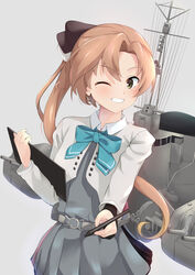  akigumo_(kancolle) akigumo_kai_ni_(kancolle) artist_glove black_gloves blazer blush brown_hair commentary_request cowboy_shot drawing_tablet dress female gloves green_eyes grey_background grey_dress grin hair_ribbon highres jacket kantai_collection long_hair looking_at_viewer machinery mole mole_under_eye ochikata_kage one_eye_closed partially_fingerless_gloves ponytail ribbon school_uniform simple_background single_glove smile solo stylus 