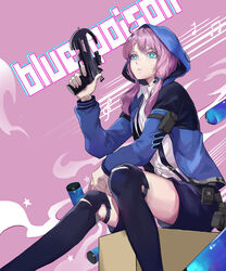  absurdres ahoge aqua_eyes arknights belt belt_pouch blue_jacket blue_poison_(arknights) blue_poison_(elite_ii)_(arknights) blue_shorts blue_thighhighs bowgun canister character_name collared_shirt commentary_request cowboy_shot expressionless female highres hood hooded_jacket jacket long_sleeves looking_at_viewer medium_hair musical_note narakuuu photoshop_(medium) pink_background pink_hair pouch shirt short_shorts shorts sidelocks simple_background sitting solo staff_(music) suspender_shorts suspenders thighhighs thighs torn_clothes torn_thighhighs white_shirt 