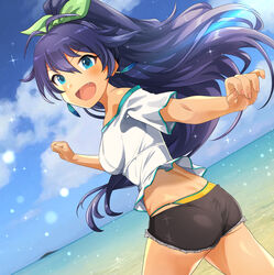  :d absurdres antenna_hair ass bare_shoulders beach bikini bikini_bottom_only bikini_under_clothes black_hair blue_eyes blue_feathers blue_sky blush breasts clenched_hand cloud day dimples_of_venus earrings feather_earrings feathers female ganaha_hibiki green_ribbons grey_shorts hair_between_eyes hair_ribbon hanamasa_ono high_ponytail highres horizon idolmaster idolmaster_(classic) idolmaster_2 jewelry light_particles long_hair looking_at_viewer medium_breasts nail_polish ocean oerba_yun_fang off-shoulder_shirt off_shoulder open_mouth outdoors ponytail ribbon shirt short_shorts short_sleeves shorts sky smile solo sparkle string_bikini swimsuit water white_shirt wind wind_lift yellow_bikini 