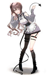  ;d apron asymmetrical_legwear black_footwear black_ribbon brown_eyes brown_hair clothing_cutout collared_shirt commentary_request demon_tail female fishnet_socks fishnets frilled_apron frills full_body grey_shirt grey_skirt high_heels highres leaning_forward long_hair long_sleeves looking_at_viewer neck_ribbon one_eye_closed open_mouth original pleated_skirt ribbon shadow shirt shoes shoulder_cutout side_ponytail simple_background skirt smile socks solo standing tail thigh_strap white_apron white_background yadapot 