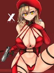  2022 asymmetrical_bangs blonde_hair breasts closed_mouth earclip earrings elbow_gloves female garter_belt gloves gun hand_on_own_chest handgun hat highleg highleg_swimsuit highres holding holding_gun holding_weapon huge_breasts jewelry knee_up medium_hair navel original red_background red_garter_belt red_gloves red_hat red_slingshot_swimsuit sitting slingshot_swimsuit solo stud_earrings swimsuit thigh_strap tokihama_jirou weapon yellow_eyes 