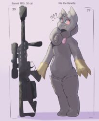  absurd_res anthro anti-materiel_rifle banette barrett_.50cal barrett_m95 chart fan_character female generation_3_pokemon gun height_chart hi_res mia_perella model_sheet nintendo pokemon pokemon_(species) question_mark ranged_weapon simple_background solo wanderlust weapon xurora 