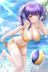  absurdres azur_lane ball bare_shoulders beach beachball bent_over bikini blue_sky breasts cleavage cloud cloudy_sky collarbone commentary_request day female hair_between_eyes highres holding horizon jyu-so large_breasts long_hair looking_away md5_mismatch midriff navel ocean official_alternate_costume outdoors parted_lips pola_(azur_lane) pola_(seaside_coincidence)_(azur_lane) purple_hair red_eyes sidelocks sky solo spaghetti_strap starfish sunlight swimsuit thighhighs twintails water_drop wet wet_clothes white_thighhighs yellow_bikini 