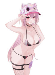  :d absurdres adjusting_clothes adjusting_headwear animal_ear_headwear animal_ears animal_hat arm_up armpits bare_shoulders bikini black_bikini black_choker blush breasts cat_hat choker cleavage collarbone commentary_request fake_animal_ears female fishnet_thighhighs fishnets girls&#039;_frontline hat highres holster large_breasts long_hair looking_at_viewer navel oerba_yun_fang official_alternate_costume open_mouth pink_hair pink_hat red_eyes simple_background smile solo stomach swimsuit thigh_holster thigh_strap thighhighs ukm-2000_(girls&#039;_frontline) ukm-2000_(soda_tale)_(girls&#039;_frontline) vii22581034 white_background 