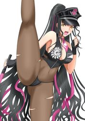  axe_kick bikini black_bikini black_gloves black_hair black_hat black_pantyhose black_shirt breasts commentary fate/grand_order fate_(series) female fingerless_gloves gloves hat hiromon holding holding_whip large_breasts leg_up long_hair looking_at_viewer multicolored_hair neckerchief open_mouth pantyhose peaked_cap ponytail purple_hair purple_neckerchief sessyoin_kiara sessyoin_kiara_(swimsuit_mooncancer) sessyoin_kiara_(swimsuit_mooncancer)_(second_ascension) shirt simple_background smile solo split standing standing_on_one_leg standing_split streaked_hair string_bikini swimsuit very_long_hair white_background yellow_eyes 