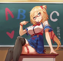  akai_haato akai_haato_(1st_costume) bespectacled black_thighhighs blonde_hair blue_eyes blush bracelet breasts chalkboard commentary crossed_legs female glasses highres hololive jewelry large_breasts long_hair one_side_up pointer red-framed_eyewear semi-rimless_eyewear sitting smile solo sue_(bg-bros) thigh_strap thighhighs translated under-rim_eyewear very_long_hair virtual_youtuber 