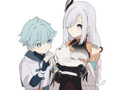  1boy animal aunt_and_nephew blue_eyes blue_hair breast_curtain chinese_clothes chongyun_(genshin_impact) feline female genshin_impact hair_between_eyes holding holding_animal light_blue_hair open_mouth shenhe_(genshin_impact) shimanakao_(shimanaka_sushi) short_hair simple_background upper_body white_background 