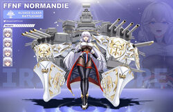  absurdres artillery azur_lane black_footwear blush bodystocking boots breasts clothing_cutout english_commentary female fleur-de-lis french_flag full_body gloves gold highres iris_libre_(emblem) large_breasts long_hair looking_at_viewer metal_gloves musanix normandie_(battleship) open_mouth original personification rigging solo thigh_boots turret underboob underboob_cutout very_long_hair white_gloves white_hair 