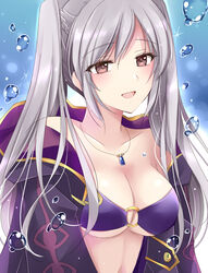  alternate_costume bikini breasts brown_eyes cleavage collarbone female fire_emblem fire_emblem_awakening fire_emblem_heroes grey_hair highres hood hood_down hooded_robe jewelry kirishima_riona long_hair medium_breasts mixed-language_commentary necklace o-ring o-ring_bikini off_shoulder official_alternate_costume open_clothes open_mouth open_robe purple_bikini robe robin_(female)_(fire_emblem) robin_(female)_(summer)_(fire_emblem) robin_(fire_emblem) smile solo swimsuit twintails upper_body 