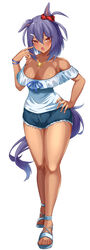  absurdres animal_ears bare_legs bare_shoulders blue_ribbon blue_shirt breasts cleavage commentary_request cutoffs denim denim_shorts eve_on_k female full_body hair_between_eyes hand_on_own_hip hand_up highres hishi_amazon_(umamusume) horse_ears horse_girl jewelry large_breasts looking_at_viewer necklace oerba_yun_fang off-shoulder_shirt off_shoulder open_mouth orange_eyes purple_hair ribbon sandals shirt short_hair short_shorts short_sleeves shorts simple_background solo standing tail thighs umamusume white_background 