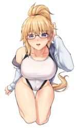  bare_shoulders blonde_hair blue_eyes breasts collarbone fate/grand_order fate_(series) female high_ponytail highleg highleg_swimsuit jacket jeanne_d&#039;arc_(fate) jeanne_d&#039;arc_(swimsuit_archer)_(fate) jeanne_d&#039;arc_(swimsuit_archer)_(second_ascension)_(fate) large_breasts long_hair looking_at_viewer one-piece_swimsuit open_mouth sarhce smile solo swimsuit thighs very_long_hair white_jacket 