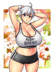  absurdres armpits arms_behind_head black_shorts blue_eyes breasts cleavage cowboy_shot erkaz female highres huge_breasts looking_at_viewer midriff navel original print_sports_bra rey_tannhauser_(erkaz) shadow short_hair shorts solo sports_bra white_hair white_sports_bra 