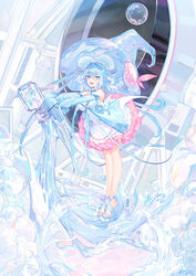  :d artist_name atdan bangs bare_legs bare_shoulders blue_footwear blue_headwear blue_ribbon blush breasts cleavage detached_sleeves dress female frilled_dress frills full_body hair_between_eyes haiyi hat high_heels highres leaning_forward long_sleeves looking_at_viewer machinery maid_headdress medium_breasts medium_hair oerba_yun_fang open_mouth outstretched_arms revision ribbon sleeves_past_wrists smile soap_bubbles solo standing vocaloid water white_dress witch_hat 