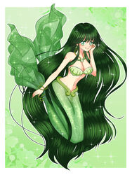  absurdres armlet bare_shoulders bracelet breasts cleavage closed_mouth commentary earrings female green_background green_eyes green_hair hand_up highres jewelry long_hair looking_at_viewer lpp_bitshies medium_breasts mermaid mermaid_melody_pichi_pichi_pitch monster_girl navel necklace pearl_necklace shell shell_bikini shell_necklace smile solo sparkle stomach tail tail_ornament touin_rina touin_rina_(mermaid) very_long_hair 