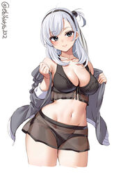  ahoge bare_shoulders bikini black_bikini black_hairband blush breasts cleavage collarbone cowboy_shot cropped_legs ebifurya female front-tie_top grey_eyes grey_jacket hair_between_eyes hairband hands_up highres holding jacket kantai_collection long_hair medium_breasts navel off_shoulder official_alternate_costume one_side_up see-through simple_background smile solo stomach suzutsuki_(kancolle) suzutsuki_(swimsuit_mode)_(kancolle) swimsuit thighs twitter_username white_background white_hair 