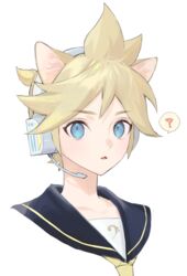  1boy ? animal_ears bass_clef black_sailor_collar blonde_hair blue_eyes cat_day cat_ears commentary cropped_shoulders headphones headset kagamine_len kemonomimi_mode looking_at_viewer male_focus naoko_(naonocoto) parted_lips sailor_collar simple_background solo speech_bubble spiked_hair spoken_question_mark upper_body vocaloid white_background 