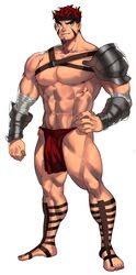  1boy abs absurdres armor bara barefoot bracer facial_hair facial_mark full_body gladiator_sandals goatee greco-roman_clothes highres huge_pectorals kneehighs looking_at_viewer male_focus muscular muscular_male navel navel_hair nipples original pauldrons pectorals pelvic_curtain red_hair roman_clothes sandals seductive_smile short_hair shoulder_armor sideburns_stubble single_pauldron smile socks solo stomach strongman_waist stubble thick_eyebrows thick_thighs thighs topless_male ttn_(239_239) 