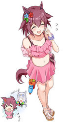  &gt;_&lt; 2girls :d ^_^ absurdres animal_ears bare_shoulders bikini blue_flower brown_footwear brown_hair chibi chokin_tsucho closed_eyes collarbone commentary_request flower flying_sweatdrops gold_ship_(run_revolt_launcher)_(umamusume) gold_ship_(umamusume) hair_between_eyes hair_flower hair_ornament highres horse_ears horse_girl horse_tail multiple_girls navel official_alternate_costume pink_bikini red_flower sakura_chiyono_o_(sakura_hearts_are_super_good_hearts)_(umamusume) sakura_chiyono_o_(umamusume) sandals simple_background smile swimsuit tail tears toenails toes umamusume water water_gun wavy_mouth white_background wrist_cuffs 