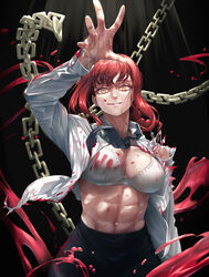  702_96 abs absurdres alternate_muscle_size black_necktie black_pants blood blood_on_breasts blood_on_clothes blood_on_face bra braid braided_ponytail breasts chains chainsaw_man collared_shirt female highres large_breasts light_rays long_hair long_sleeves looking_at_viewer makima_(chainsaw_man) muscular muscular_female navel necktie obliques pants red_hair ringed_eyes shirt smile solo toned underwear white_shirt yellow_eyes 