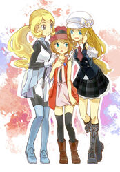  3girls annotated black_footwear black_legwear blue_eyes blue_footwear boots breasts brown_footwear commentary_request eye_contact flat_chest full_body gloves height_difference in-franchise_crossover long_hair looking_at_another multiple_girls multiple_persona necktie pokemon pokemon_(anime) pokemon_adventures pokemon_xy pokemon_xy_(anime) ponytail serena_(pokemon) shiro_q~ short_hair sky_trainer_uniform small_breasts smile standing thighhighs tied_hair uniform white_gloves 