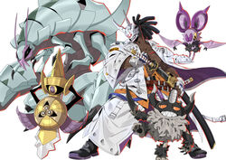  1boy absurdres aegislash belt black_footwear black_hair clothes_writing coat crossover dark-skinned_male dark_skin dreadlocks fingerless_gloves fur gloves golisopod guilty_gear guilty_gear_strive highres holding holding_sheath holding_sword holding_weapon horned_mask japanese_clothes katana long_hair makai male_focus mask muscular muscular_male nagoriyuki noibat open_clothes open_coat perrserker pokemon pokemon_(creature) sheath simple_background spikes sword unsheathing weapon white_background white_coat white_gloves 