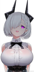  :d bare_shoulders braid breasts female glowing glowing_eye hair_over_one_eye head_tilt heart heart-shaped_pupils highres horns huge_breasts li_zhiheng my_harem_grew_so_large_i_was_forced_to_ascend open_mouth pointy_ears purple_eyes shirt short_hair side_braid simple_background sleeveless sleeveless_shirt smile solo symbol-shaped_pupils underbust upper_body weibo_watermark white_background white_hair yun_youyou 