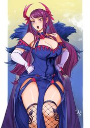  absurdres bare_shoulders blue_choker blue_dress blush breasts choker cleavage commentary deliciousbrain dress elbow_gloves feet_out_of_frame female fire_emblem fire_emblem_engage fishnet_thighhighs fishnets gloves hands_on_own_hips highres ivy_(fire_emblem) large_breasts long_hair looking_at_viewer mole mole_under_mouth off-shoulder_dress off_shoulder open_mouth pelvic_curtain purple_eyes purple_hair short_sleeves solo standing thighhighs thighs very_long_hair white_gloves 