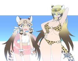  2girls animal_ears animal_print arm_behind_head arm_up armpits bare_arms bare_shoulders bikini blonde_hair breasts brown_hair cat_ears cat_girl cat_tail cheetah_(kemono_friends) cheetah_ears cheetah_print cheetah_tail colored_inner_hair cuffs dated extra_ears eyewear_on_head fangs furrowed_brow geoffroy&#039;s_cat_(kemono_friends) grey_hair hair_ribbon hand_on_own_hip height_difference innertube kemono_friends large_breasts long_hair looking_at_another multicolored_hair multiple_girls navel oerba_yun_fang one-piece_swimsuit open_mouth pose print_bikini ribbon sidelocks signature smile sparkle standing stomach sunglasses swim_ring swimsuit tail twintails two-tone_hair very_long_hair yellow_eyes yoshida_hideyuki 