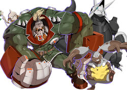  1boy absurdres aggron belt blonde_hair boots brown_belt brown_footwear buck_teeth crossover diggersby gauntlets guilty_gear guilty_gear_strive helmet highres makai male_focus military military_uniform muscular muscular_male pocket pokemon pokemon_(creature) potemkin_(guilty_gear) simple_background smeargle spiked_helmet spikes teeth uniform white_background 