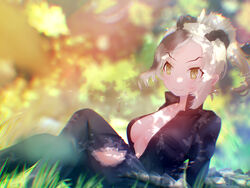  arm_support asymmetrical_hair blurry blurry_background braid breasts closed_mouth collared_jacket commentary_request crocodilian_tail dappled_sunlight day denim eyebrows female french_braid grass green_eyes green_hair high_collar high_ponytail highres jacket jeans kemono_friends knee_up leaning_back long_hair long_sleeves looking_to_the_side multicolored_hair no_bra on_grass on_ground outdoors pants partially_unzipped saltwater_crocodile_(kemono_friends) sarutori sitting slit_pupils smile solo stomach sunlight tail torn_clothes torn_jeans torn_pants two-tone_hair zipper 