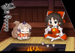  2girls :3 ascot bare_shoulders black_eyes bow bowl brown_hair butterfly_sitting chopsticks closed_eyes commentary_request cup curly_hair detached_sleeves eating fire frilled_bow frilled_skirt frills futa_(nabezoko) hair_tubes hakurei_reimu horns indoors irori_(hearth) jitome kariyushi_shirt komainu komano_aunn komano_aunn_(komainu) multiple_girls nontraditional_miko parody pointy_ears rug short_hair single_horn sitting skirt skirt_set socks tail tensui_no_sakuna-hime tongue tongue_out touhou translated wooden_floor wooden_wall yunomi 