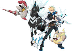  1boy absurdres asymmetrical_clothes black_footwear black_pants black_shirt blue_eyes blue_gloves crossover escavalier fangs gloves guilty_gear guilty_gear_strive hair_between_eyes highres holding holding_poke_ball jacket jacket_on_shoulders ky_kiske makai male_focus open_mouth pachirisu pants partially_fingerless_gloves poke_ball pokemon pokemon_(creature) sheath sheathed shirt simple_background smile standing sword thunderseal tongue weapon white_background white_jacket yamper zebstrika 