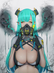  absurdres aqua_hair biohazard_symbol black_gloves breasts commentary commission eyeshadow female gas_mask gloves green_hair headgear highres large_breasts liya_nikorov long_hair looking_at_viewer makeup mascara mask mole mole_on_breast mole_under_eye original photoshop_(medium) radiation_symbol skull solo upper_body yellow_eyes 