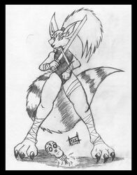  android anthro archie_comics bandage bandaged_arm black_border border canid canine decapitation duo female foot_soldier_(tmnt) fox hair long_hair machine male male/female mammal melee_weapon monochrome ninjara_(tmnt) ponytail reddragonkan robot severed_body_part severed_head sword teenage_mutant_ninja_turtles traditional_media_(artwork) umeko_(tmnt) weapon 