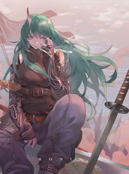  alternate_costume arknights arm_ribbon arm_scarf baggy_pants bare_shoulders belt black_footwear cloud commentary_request eyeliner female flag green_eyes green_hair hair_between_eyes highres horns hoshiguma_(arknights) hoshiguma_(ronin_huntress)_(arknights) long_hair looking_to_the_side makeup narakuuu official_alternate_costume pants ribbon single_horn sitting skin-covered_horns sky solo sword very_long_hair weapon 