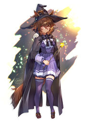  :| absurdres agnes_tachyon_(umamusume) animal_ears artist_logo black_bow black_bowtie black_cape black_thighhighs bow bowtie breasts brown_footwear brown_hair cape closed_mouth commentary dress female full_body hair_between_eyes hat highres holding holding_wand horse_ears horse_girl horse_tail knees layered_dress legs lens_flare mary_janes medium_breasts pleated_dress purple_dress rabbit_on_shoulder red_eyes shoes short_hair solo standing star_(symbol) tail thighhighs thighs umamusume wand white_background white_bow witch_hat yanyo_(ogino_atsuki) zettai_ryouiki 